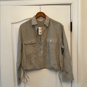 Lucky Brand Sage Gray White Button Down Cropped Waist Striped Shirt  XS NWT